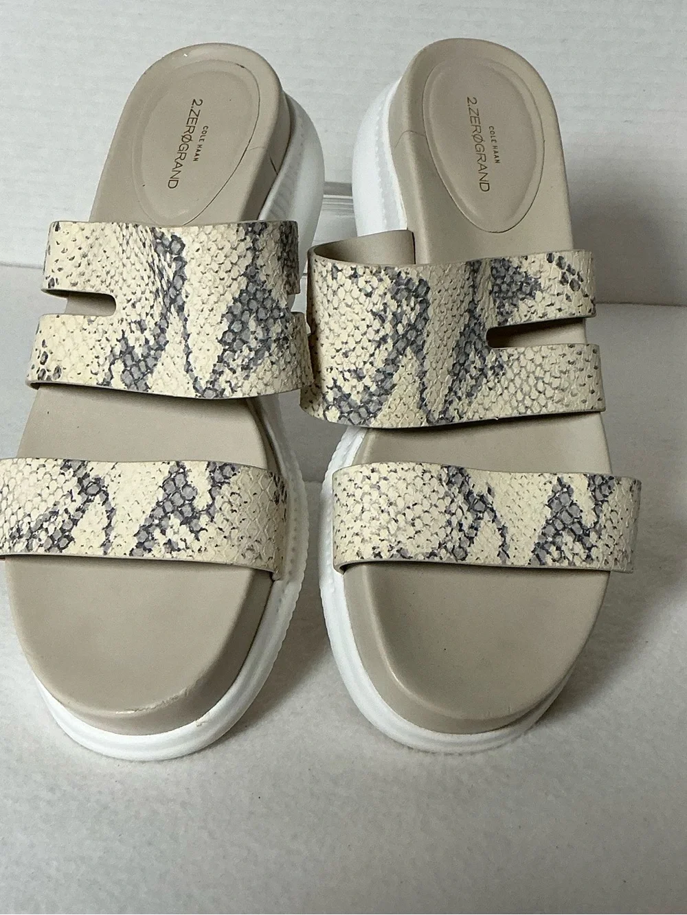 Cole Haan Beige Snake-Print Slide Sandals with White Platform